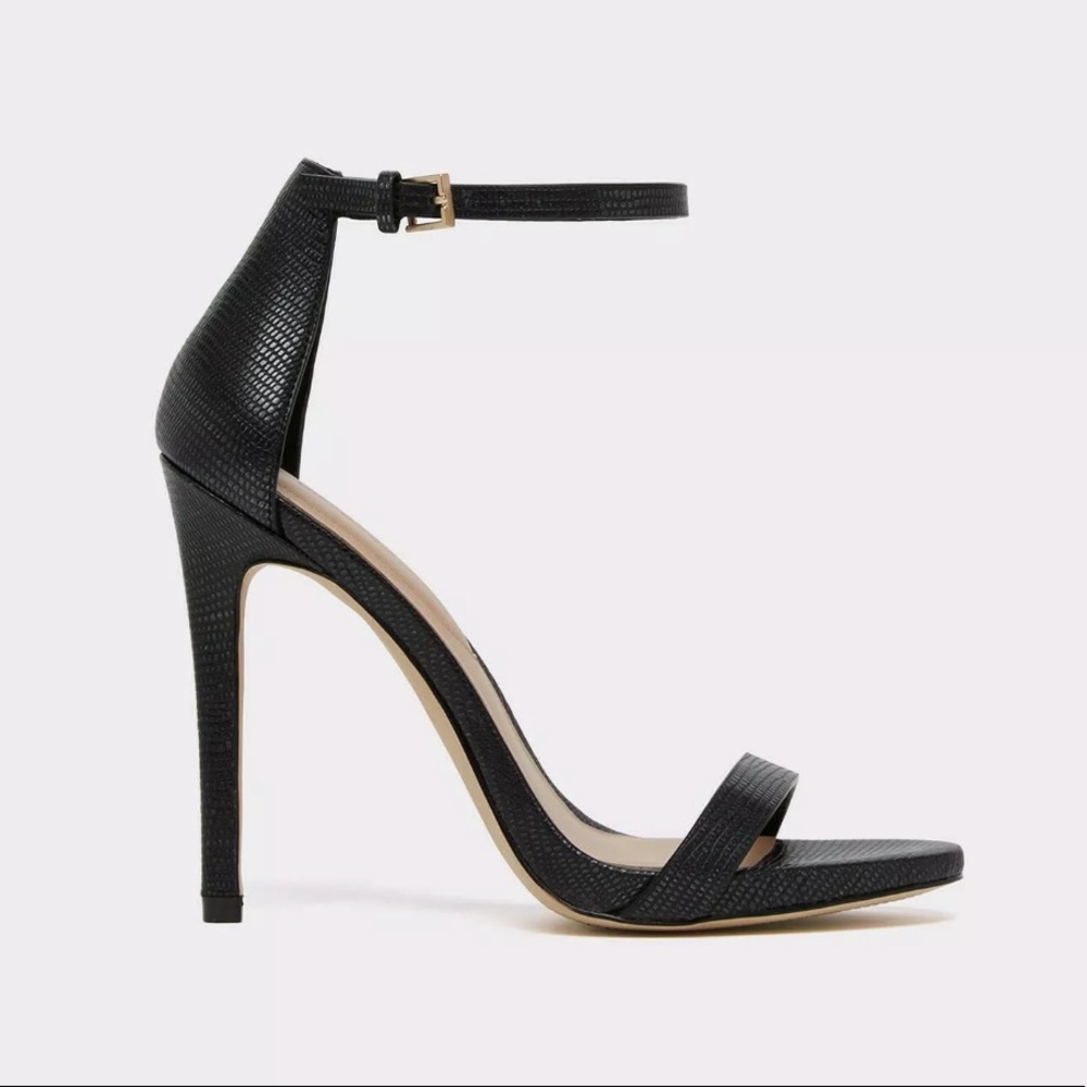 ALDO Black Open Toe Strap Snakeskin Heels, Sz 9